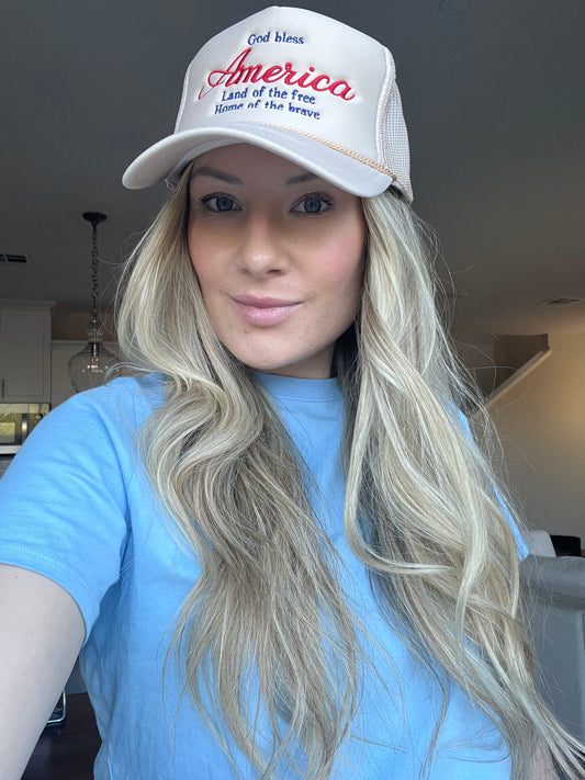 God Bless America Embroidered Trucker Hat- Patriotic Women's Boutique Hat
