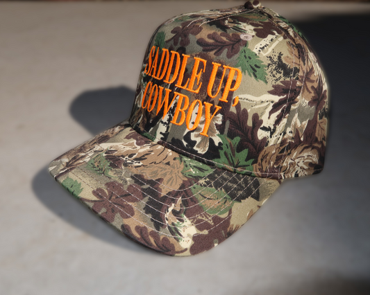 camo trucker hat, hat cowboy snapback, snapback cap country, country western cap, cap woodland hunting, hunting headwear orange, orange embroidered hat, hat rodeo style, style rustic hunting, hunting camouflage baseball, baseball hat outdoor, outdoor ranch accessory, saddle up cowboy